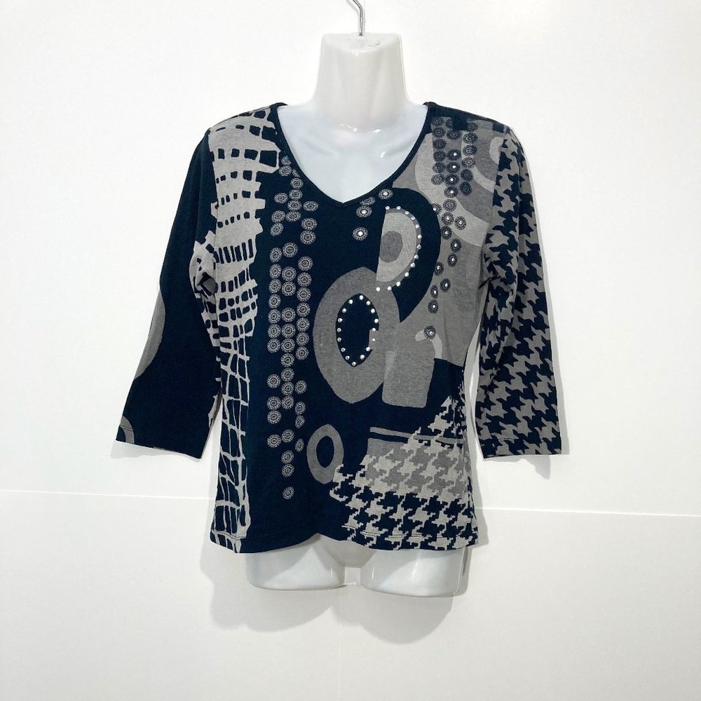 Mykonos Vintage Knit pullover Top 3/4 sleeve y2k artsy beaded black V-neck S